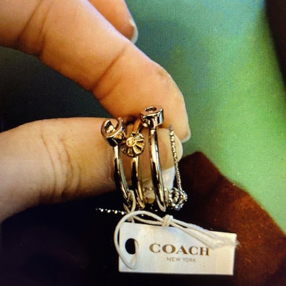 Coach Silver Delicate Turnlock Necklace & “Stacked “ mixed metal ring set size 6 - Picture 1 of 10